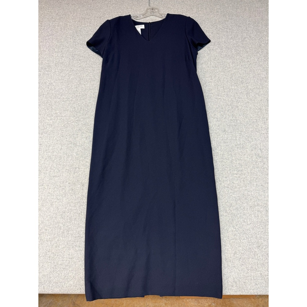 Jones New York Dress Maxi 16 Navy Blue V-Neck Short Sleeve Lined Back Slit